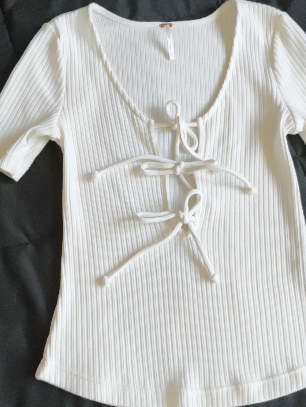 Free People White Ribbed Tie-Front Short Sleeve Top XS NEW